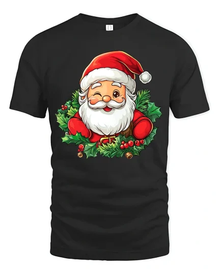 Cute Winking Santa Holly Christmas Cheer T-Shirt - black t-shirt on white background