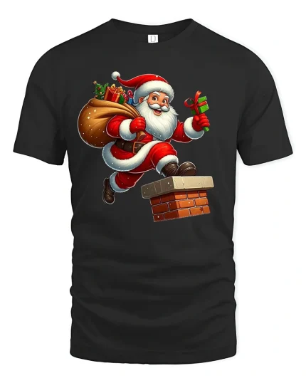 Jolly Santa Jumping Down Chimney Christmas T-Shirt - black t-shirt on white background