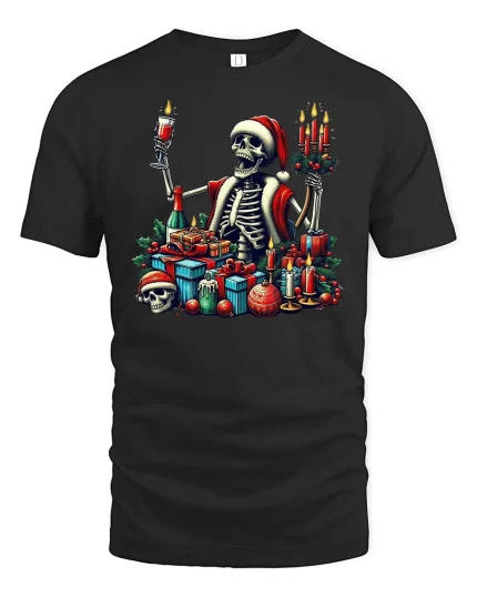 Funny Santa Skeleton Christmas Party Holiday T-Shirt - black t-shirt on white background