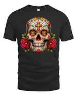Vibrant Sugar Skull Floral Day of the Dead T-Shirt - black t-shirt on white background