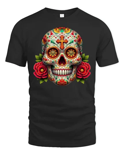 Vibrant Sugar Skull Floral Day of the Dead T-Shirt - black t-shirt on white background