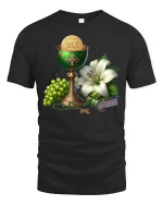 Elegant Communion Chalice Grapes Lily Faith T-Shirt - black t-shirt on white background