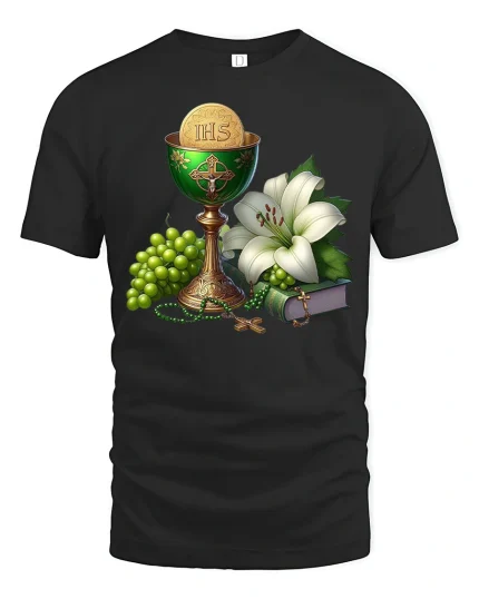 Elegant Communion Chalice Grapes Lily Faith T-Shirt - black t-shirt on white background