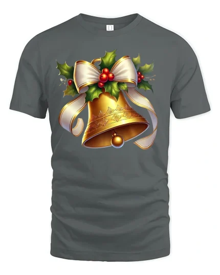 Golden Christmas Bell Festive Holiday T-Shirt - gray t-shirt on white background