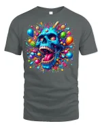 Psychedelic Candy Explosion Blue Skull Art T-Shirt - gray t-shirt on white background