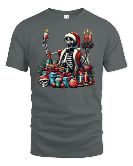 Funny Santa Skeleton Christmas Party Holiday T-Shirt - gray t-shirt on white background