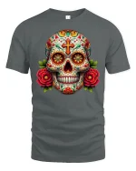 Vibrant Sugar Skull Floral Day of the Dead T-Shirt - gray t-shirt on white background
