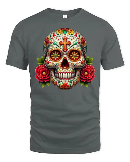 Vibrant Sugar Skull Floral Day of the Dead T-Shirt - gray t-shirt on white background