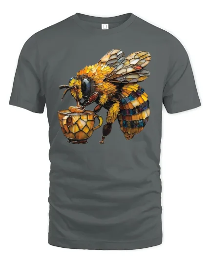 Stained Glass Honey Bee Tea Lover Art T-Shirt - gray t-shirt on white background