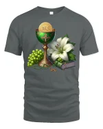 Elegant Communion Chalice Grapes Lily Faith T-Shirt - gray t-shirt on white background