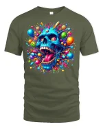 Psychedelic Candy Explosion Blue Skull Art T-Shirt - military green t-shirt on white background
