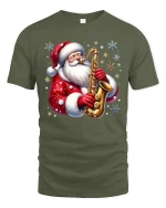 Cool Saxophone Santa Christmas Music Party T-Shirt - military green t-shirt on white background