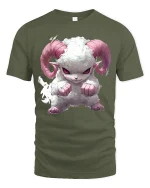 Cute Angry Ram Puffy Horned Beast Cartoon T-Shirt - military green t-shirt on white background