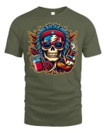 Psychedelic Rock Skull Cool Retro Vibe T-Shirt - military green t-shirt on white background