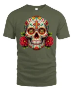 Vibrant Sugar Skull Floral Day of the Dead T-Shirt - military green t-shirt on white background