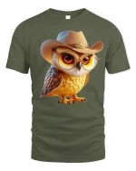 Cute Cowboy Owl Western Country Style Graphic T-Shirt - military green t-shirt on white background