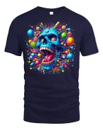 Psychedelic Candy Explosion Blue Skull Art T-Shirt - navy t-shirt on white background