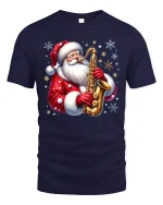 Cool Saxophone Santa Christmas Music Party T-Shirt - navy t-shirt on white background