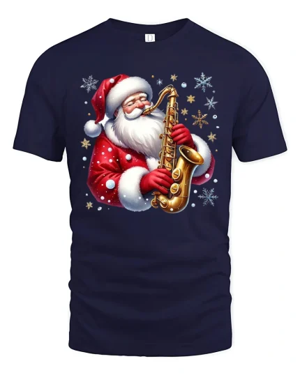 Cool Saxophone Santa Christmas Music Party T-Shirt - navy t-shirt on white background