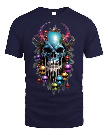 Dark Christmas Skull Horns Ornament Horror T-Shirt - navy t-shirt on white background