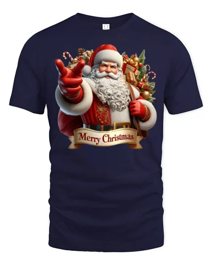 Classic Merry Christmas Santa Pointing Holiday T-Shirt - navy t-shirt on white background