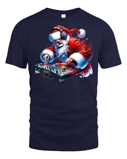 DJ Santa Mixing Decks Christmas Party Music T-Shirt - navy t-shirt on white background