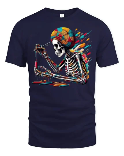 Colorful Artist Skeleton Paintbrush Creative T-Shirt - navy t-shirt on white background