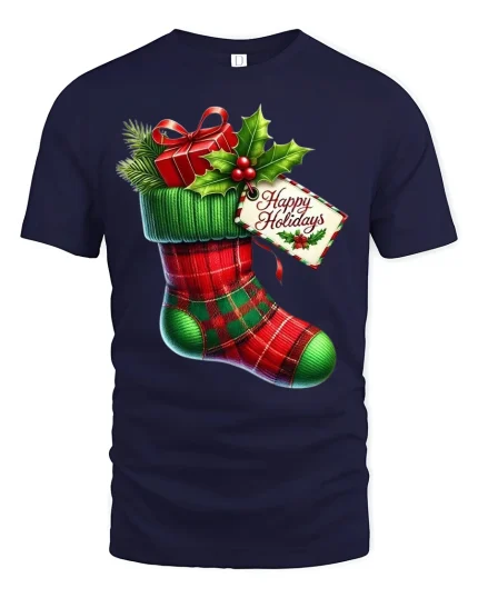 Festive Christmas Stocking Happy Holidays T-Shirt - navy t-shirt on white background