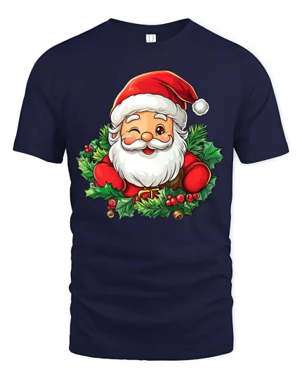 Cute Winking Santa Holly Christmas Cheer T-Shirt - navy t-shirt on white background