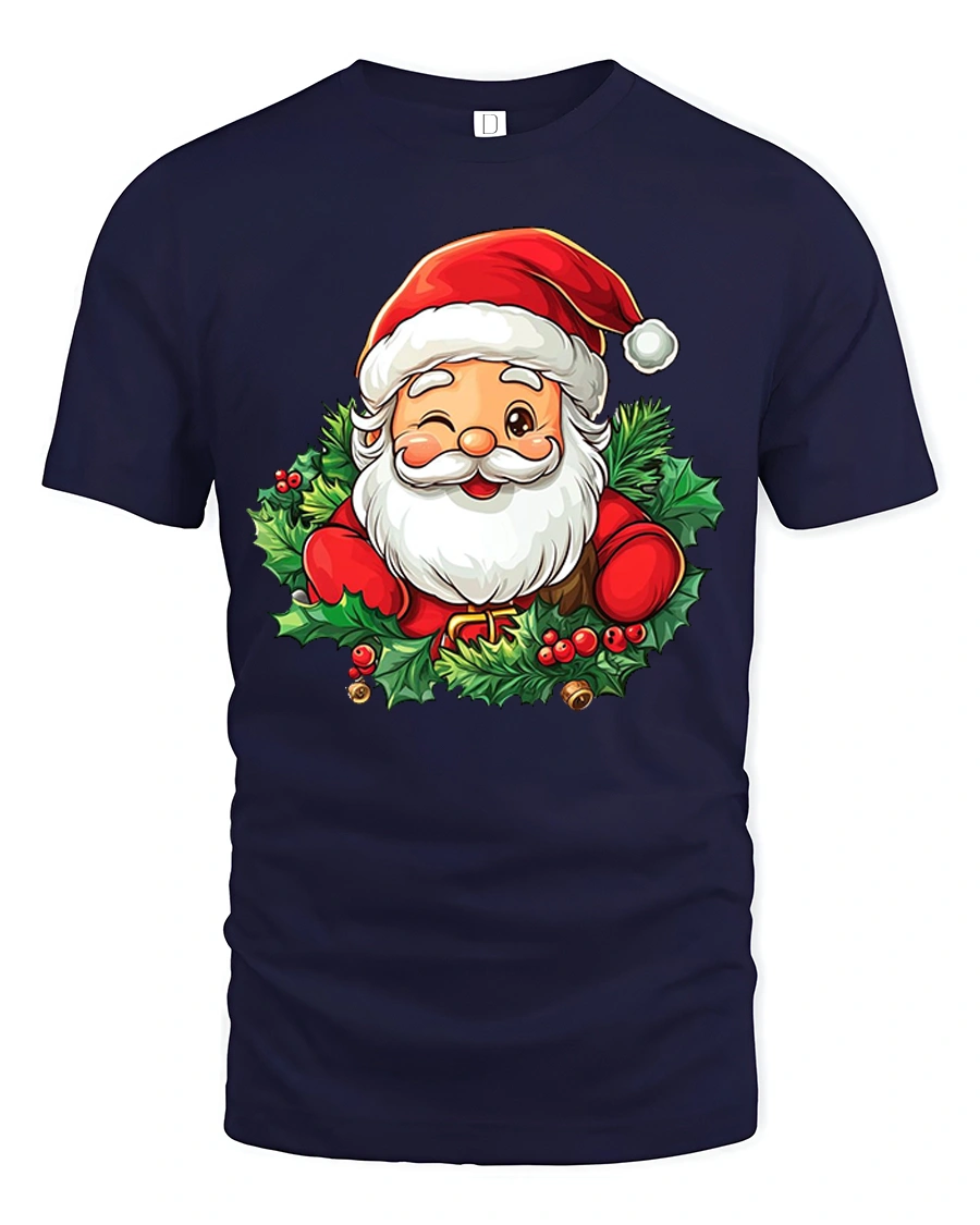 Cute Winking Santa Holly Christmas Cheer T-Shirt - 1 Cute Winking Santa Holly Christmas Cheer T-Shirt - navy t-shirt on white background