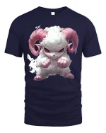 Cute Angry Ram Puffy Horned Beast Cartoon T-Shirt - navy t-shirt on white background
