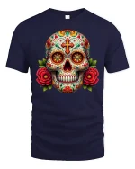 Vibrant Sugar Skull Floral Day of the Dead T-Shirt - navy t-shirt on white background