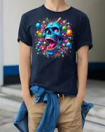 Psychedelic Candy Explosion Blue Skull Art T-Shirt - model wearing navy tee with hands in pockets