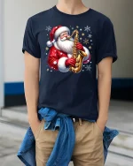 Cool Saxophone Santa Christmas Music Party T-Shirt - model wearing navy tee with hands in pockets