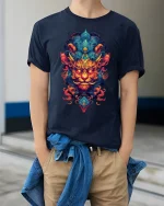 Mystic Fire Lion Tribal Spirit Art Graphic T-Shirt - model wearing navy tee with hands in pockets