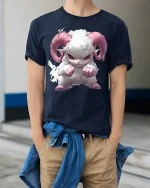 Cute Angry Ram Puffy Horned Beast Cartoon T-Shirt - model wearing navy tee with hands in pockets
