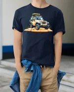 Adventure Off-Road Explorer Rover Jeep T-Shirt - model wearing navy tee with hands in pockets