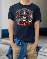 Psychedelic Rock Skull Cool Retro Vibe T-Shirt - model wearing navy tee with hands in pockets