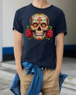 Vibrant Sugar Skull Floral Day of the Dead T-Shirt - model wearing navy tee with hands in pockets