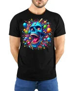 Psychedelic Candy Explosion Blue Skull Art T-Shirt - model wearing black tee with hands behind back