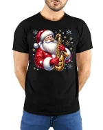 Cool Saxophone Santa Christmas Music Party T-Shirt - model wearing black tee with hands behind back