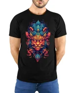 Mystic Fire Lion Tribal Spirit Art Graphic T-Shirt - model wearing black tee with hands behind back