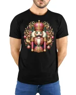 Royal Nutcracker Christmas Ornament Art T-Shirt - model wearing black tee with hands behind back