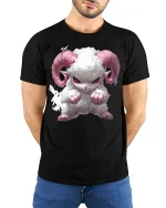 Cute Angry Ram Puffy Horned Beast Cartoon T-Shirt - model wearing black tee with hands behind back