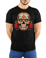Vibrant Sugar Skull Floral Day of the Dead T-Shirt - model wearing black tee with hands behind back