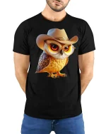 Cute Cowboy Owl Western Country Style Graphic T-Shirt - model wearing black tee with hands behind back