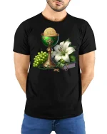 Elegant Communion Chalice Grapes Lily Faith T-Shirt - model wearing black tee with hands behind back
