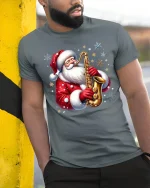 Cool Saxophone Santa Christmas Music Party T-Shirt - model wearing grey tee, leaning on column