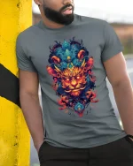 Mystic Fire Lion Tribal Spirit Art Graphic T-Shirt - model wearing grey tee, leaning on column