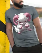 Cute Angry Ram Puffy Horned Beast Cartoon T-Shirt - model wearing grey tee, leaning on column